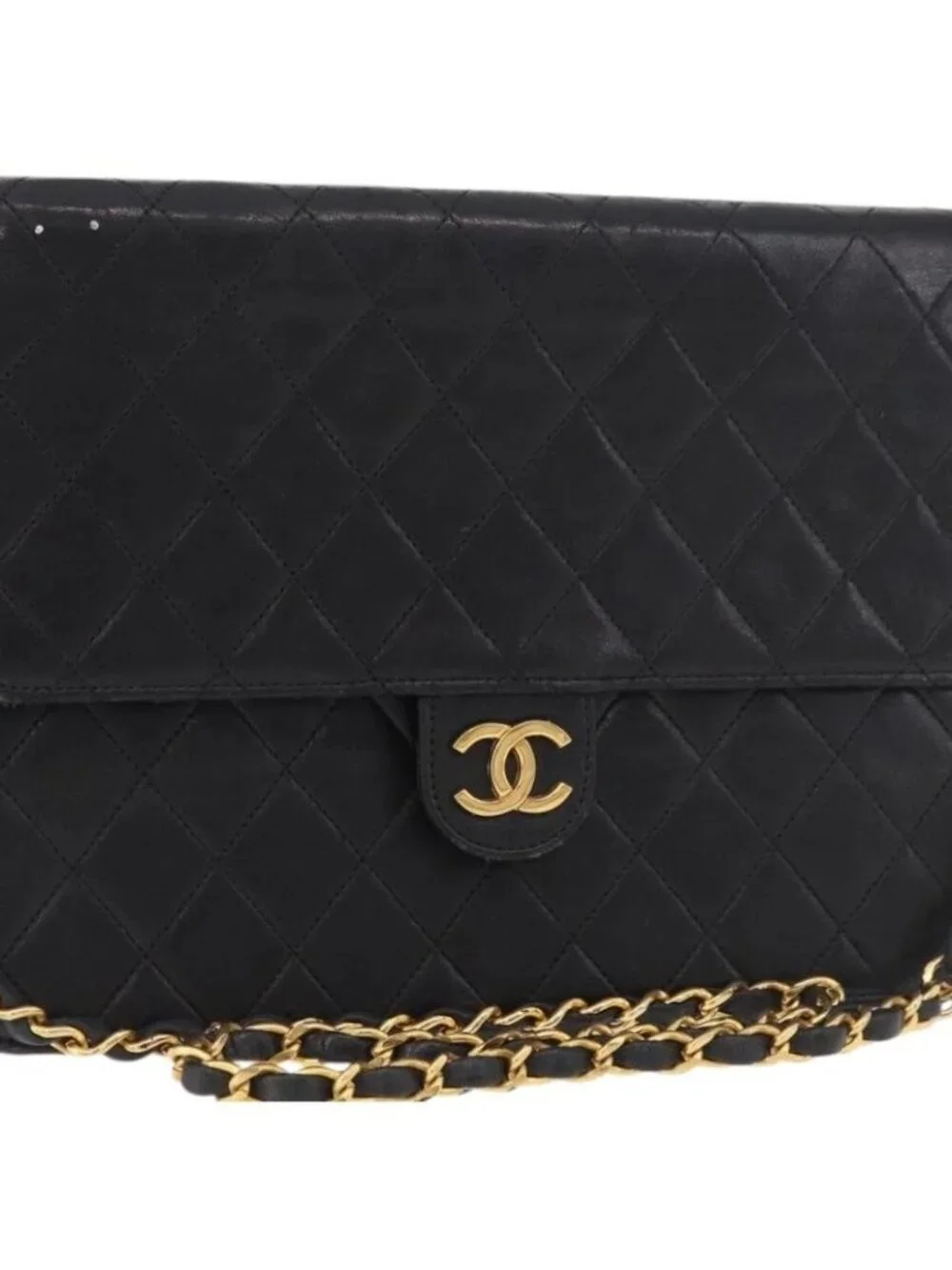 CHANEL Chain Shoulder Bag Lamb Skin Black Gold CC Auth 143810